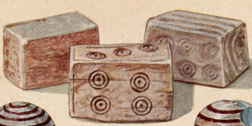 Arbman 1943, Taf. 148:2 – drei Spielwürfel aus Geweih, Grab Bj 644 (Bildzitat)