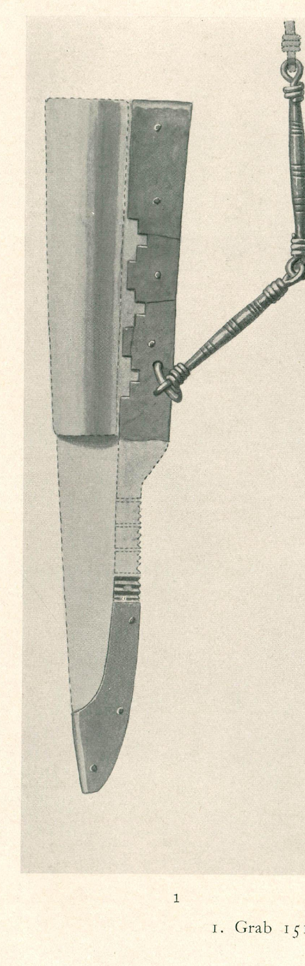 Fundvergleich (kein direktes Vorbild): Birka, Grab Bj 151 — Messer mit metallbeschlagener Lederscheide und Tragekette (Arbman 1943, Taf. 178:1)