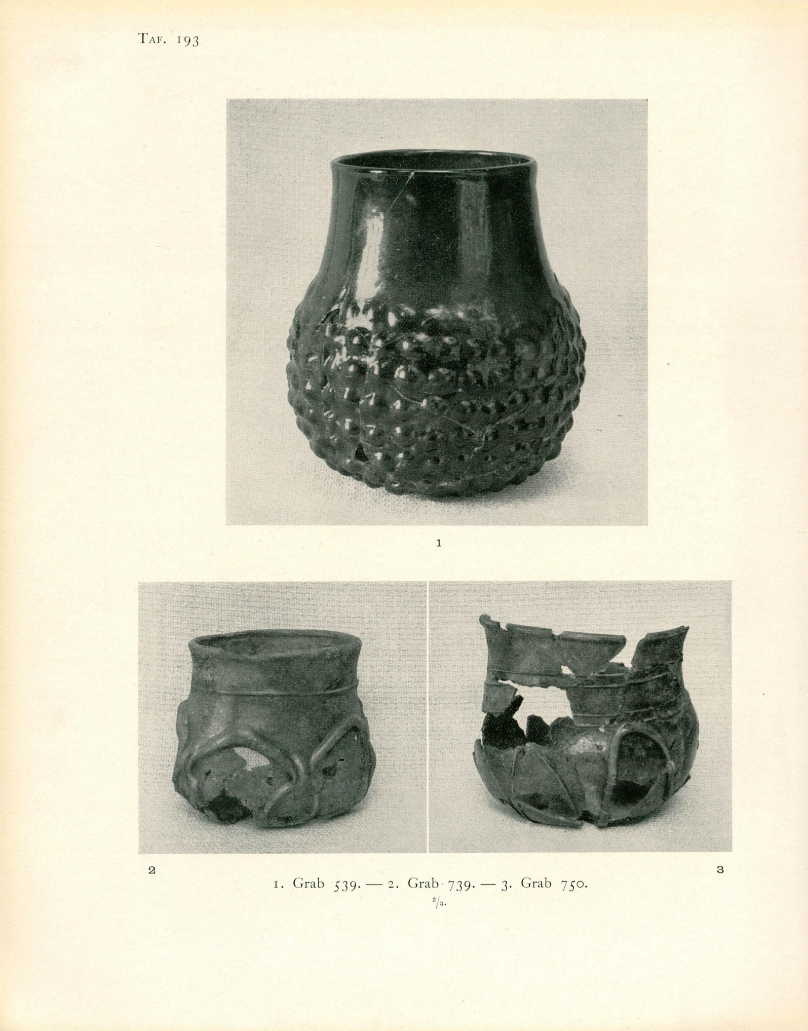 Arbman 1943, Taf. 193 – Glasbecher der Gräber 539, 739 (Mitte, 193:2) und 750