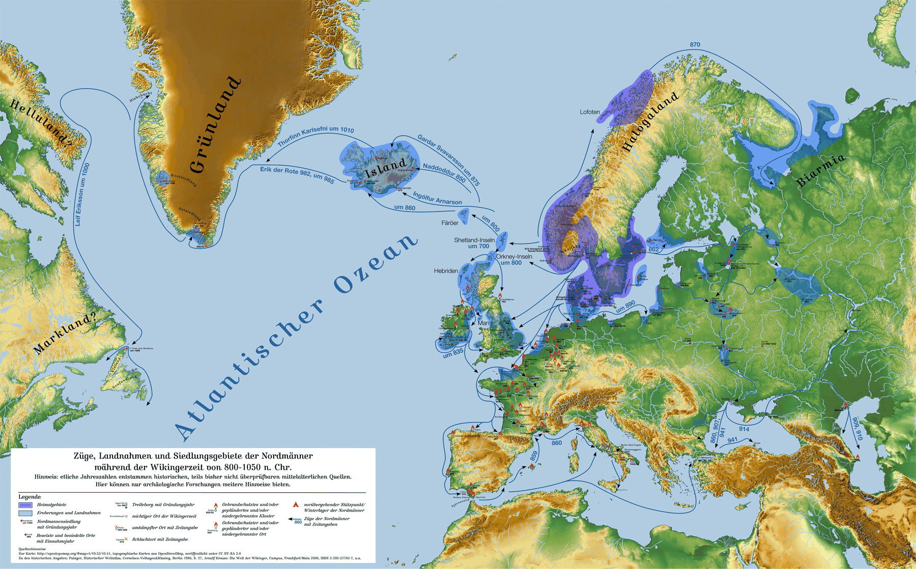 Karte: Züge, Landnahmen und Siedlungsgebiete der Nordmänner während der Wikingerzeit, 800–1050