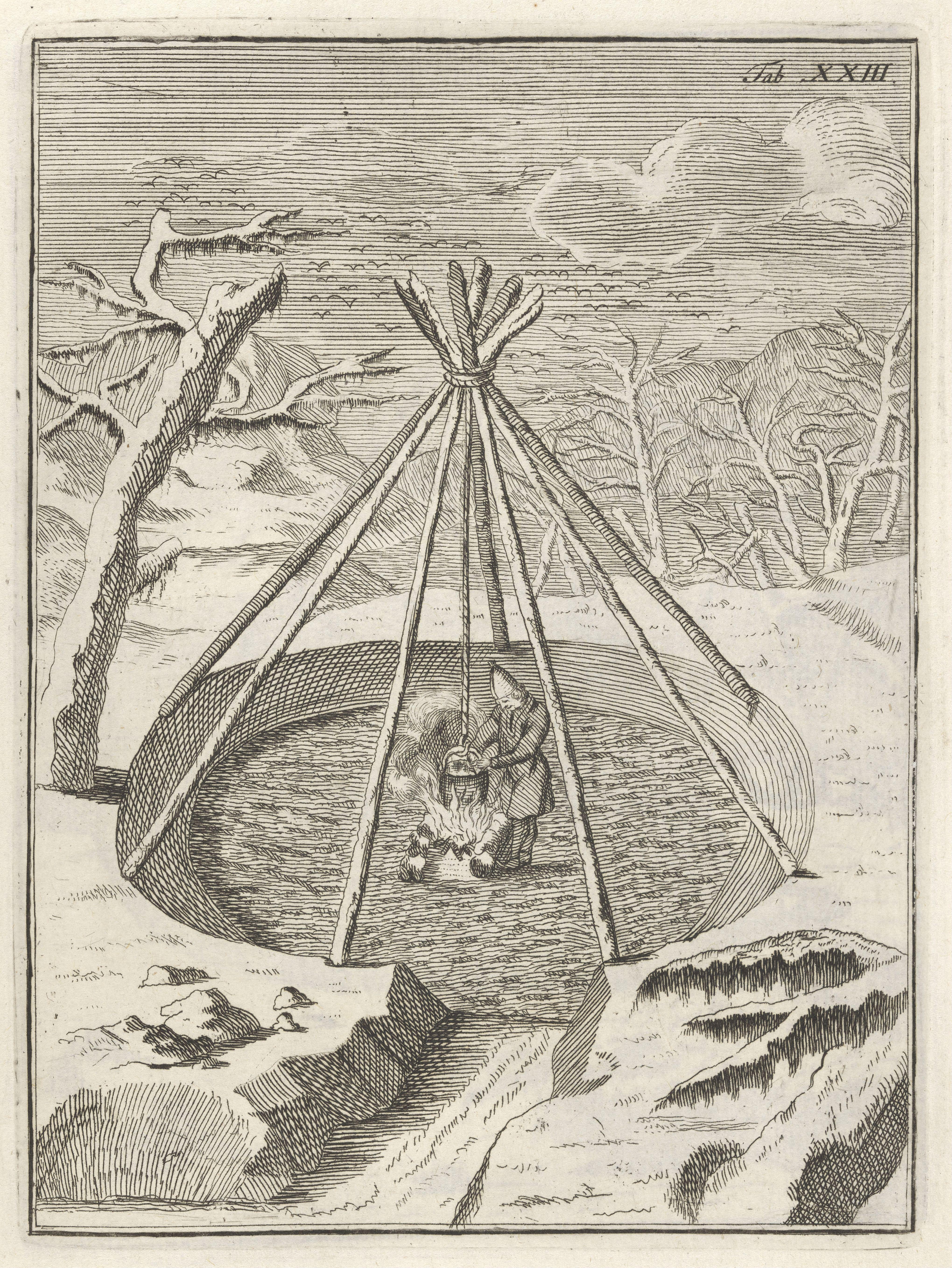 Historische Konstruktionsdarstellung eines Lavvu: mehrere gerade Stangen laufen konisch zusammen und sind oben gebunden; ein Teil der Hülle ist zurückgeschlagen. Johannes Rach und Odvardt Helmoldt von Lode, Nationalmuseum Norwegen, Inv. NMK.2021.0112.023. Historisch-neuzeitliche Vergleichsquelle, kein wikingerzeitlicher Beleg. Public Domain.
