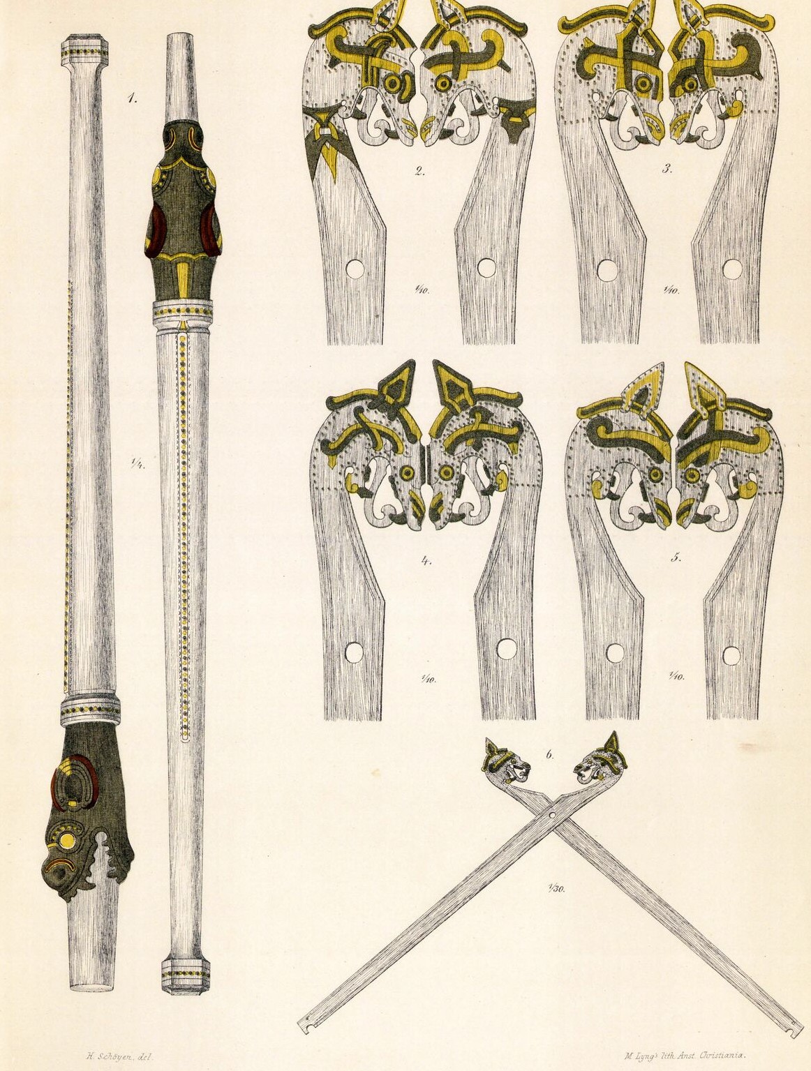 Nicolaysen 1882, Tafel XI: Fig. 2–5 die geschnitzten Tierköpfe an den Enden der Zelt-Windbretter (je zwei Ansichten, mit Loch im unteren Plankenteil), Fig. 6 die vermutete gekreuzte Stellung eines Planken-Paares; links Fig. 1 die verzierte Ruderpinne (gemeinfrei, Scan: Projekt Runeberg)