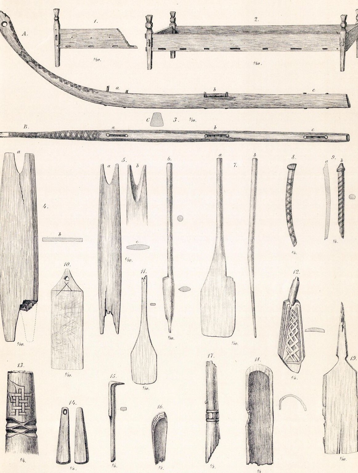 Das Vorbild: Bettstück (Fig. 1, mit den runden Löchern im Seitenbrett) und vollständiges Bett (Fig. 2, mit länglichen Nuten) aus dem Gokstad-Fund (Nicolaysen 1882, Tafel VII — gemeinfrei, Scan: Projekt Runeberg)