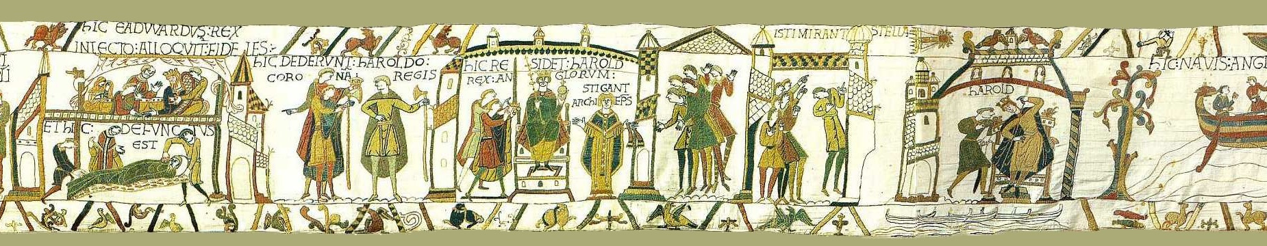 Hofszene der Bayeux-Stickerei mit stehenden Figuren