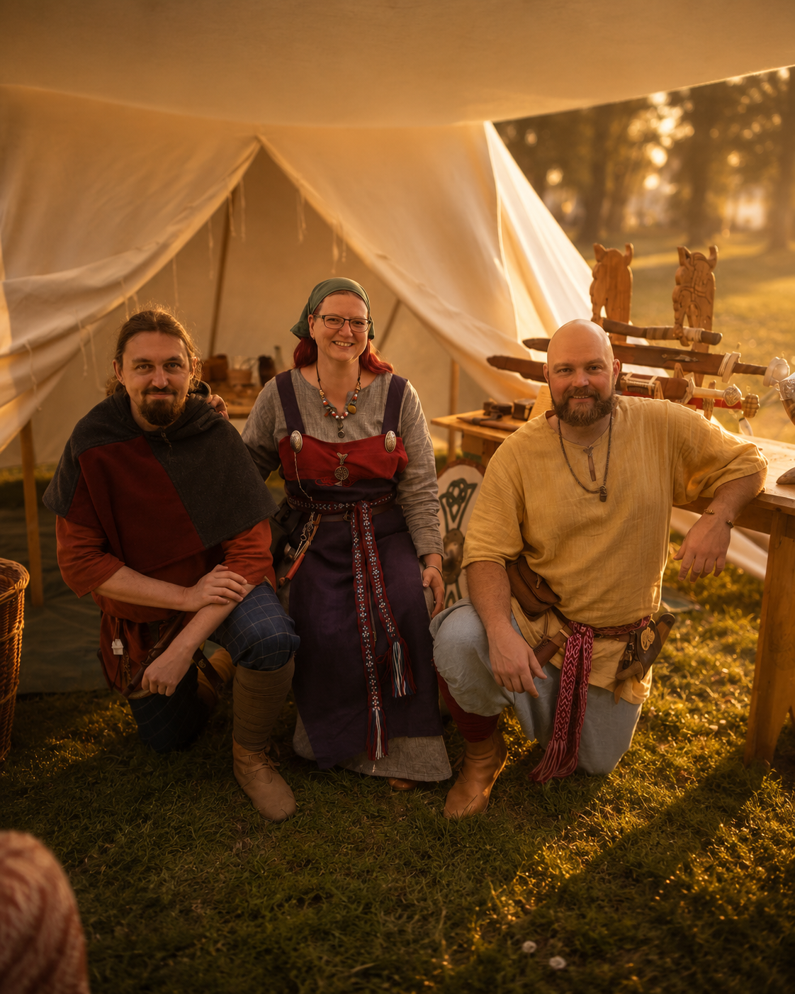 Drei Reenactor in Wikingertracht knien vor einem weißen Leinenzelt im Abendlicht