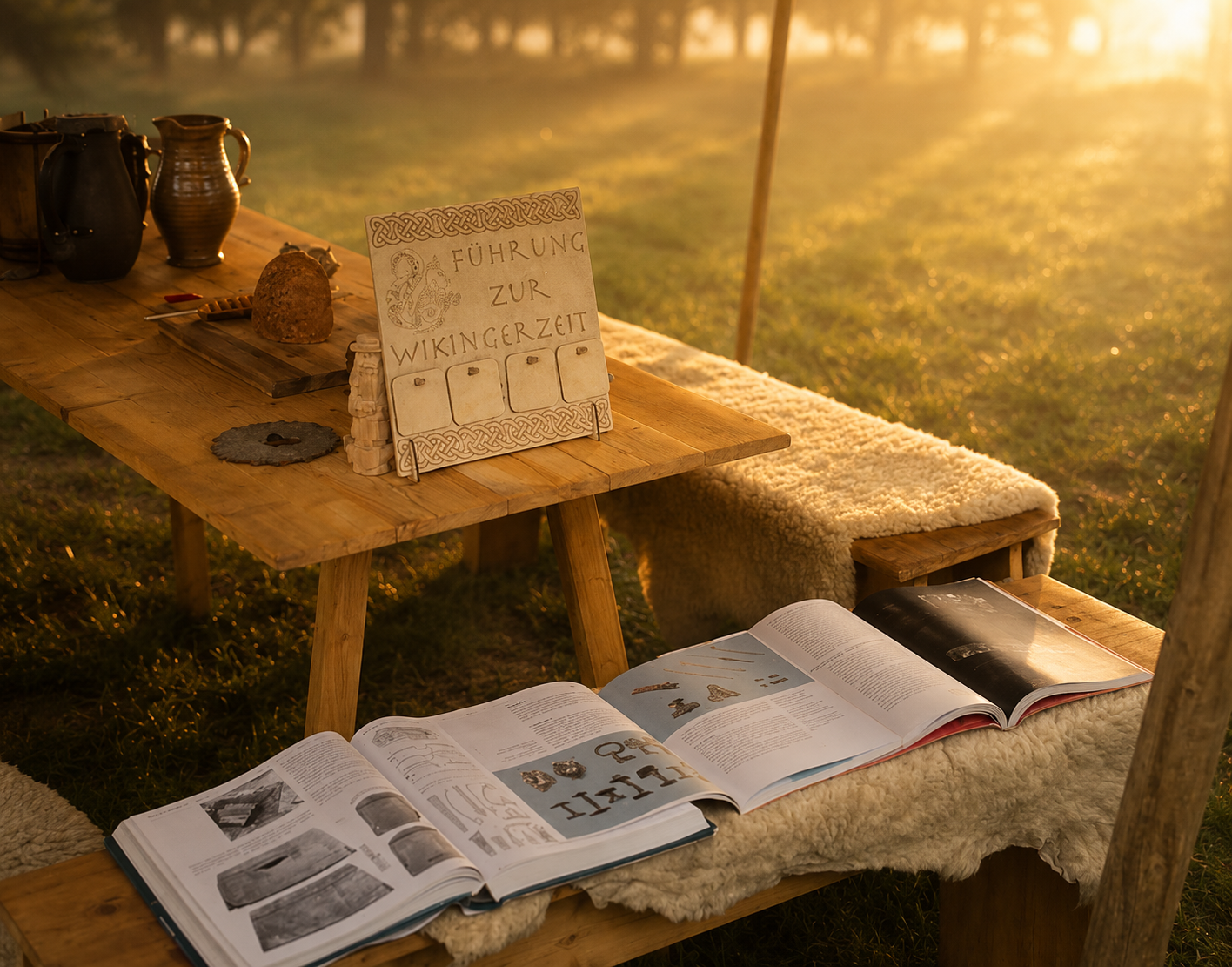 Holztisch mit Schild „Führung zur Wikingerzeit", Keramik und aufgeschlagenem Fachbuch